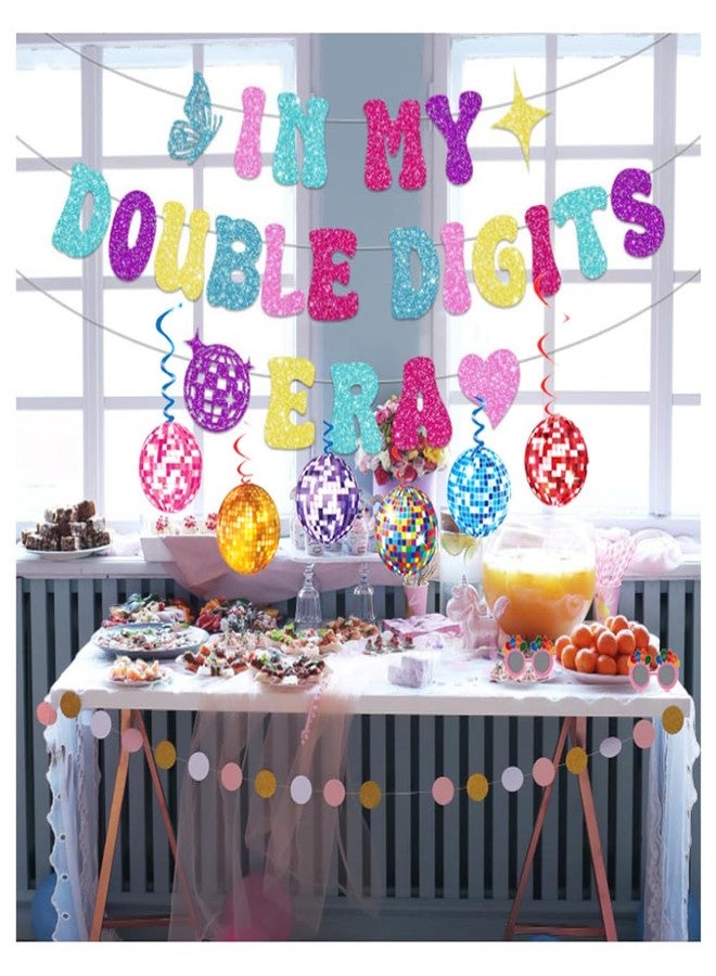 QFSH In My Double Digits Era Banner for Girl 10th Birthday Party Decoration with Sparkling Hanging Swirls Decorations Supplies (Colorful) - Image 1
